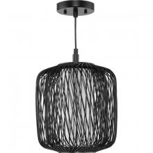  P500395-202 - Cordova Collection One-Light Black Rattan Organic Modern Mini-Pendant with White Linen Shade